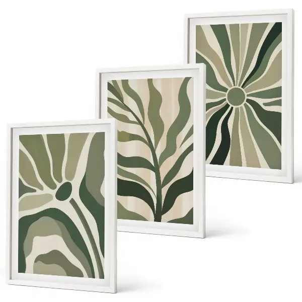 Lot de 3 tableaux pour salon avec motifs végétaux verts et beiges