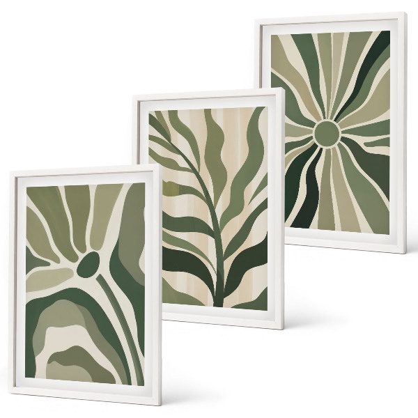 Lot de 3 tableaux pour salon Motifs végétaux verts et beiges