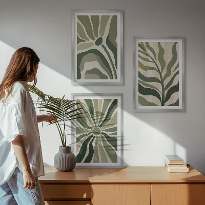 Lot de 3 tableaux pour salon Motifs végétaux verts et beiges