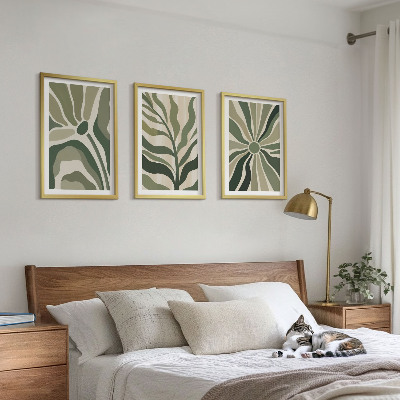 Lot de 3 tableaux pour salon Motifs végétaux verts et beiges