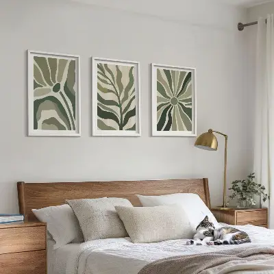 Lot de 3 tableaux pour salon avec motifs végétaux verts et beiges