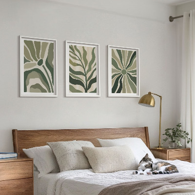 Lot de 3 tableaux pour salon Motifs végétaux verts et beiges