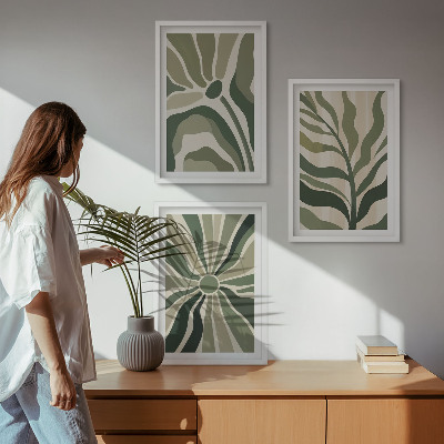Lot de 3 tableaux pour salon Motifs végétaux verts et beiges