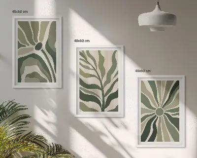 Lot de 3 tableaux pour salon avec motifs végétaux verts et beiges