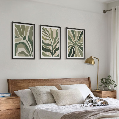 Lot de 3 tableaux pour salon Motifs végétaux verts et beiges