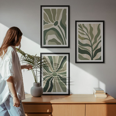 Lot de 3 tableaux pour salon Motifs végétaux verts et beiges