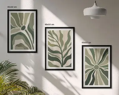 Lot de 3 tableaux pour salon avec motifs végétaux verts et beiges