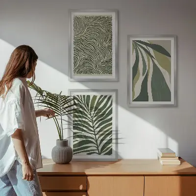 Cadre photo mural à motifs de feuilles aux lignes ondulées vertes