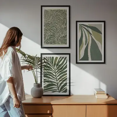 Cadre photo mural à motifs de feuilles aux lignes ondulées vertes