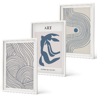 Lot de 3 tableaux pour salon Lignes bleues abstraites
