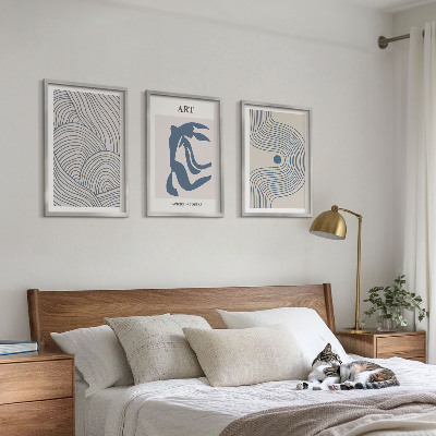 Lot de 3 tableaux pour salon Lignes bleues abstraites