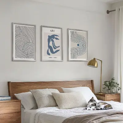 Tableaux abstraits lignes bleues lot de 3 pour salon