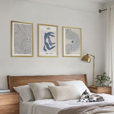Lot de 3 tableaux pour salon Lignes bleues abstraites