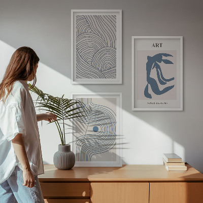 Lot de 3 tableaux pour salon Lignes bleues abstraites