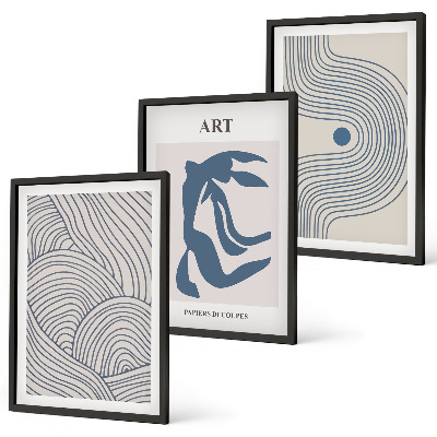Lot de 3 tableaux pour salon Lignes bleues abstraites