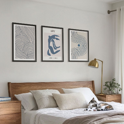 Lot de 3 tableaux pour salon Lignes bleues abstraites