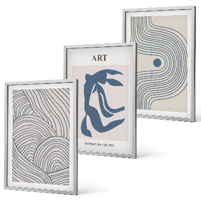 Lot de 3 tableaux pour salon Lignes bleues abstraites