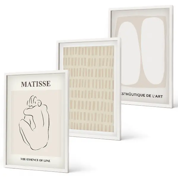 Lot de 3 tableaux pour salon motifs lignes et formes en beige et blanc
