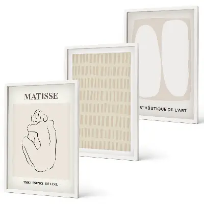 Lot de 3 tableaux pour salon motifs lignes et formes en beige et blanc