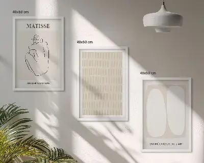 Lot de 3 tableaux pour salon motifs lignes et formes en beige et blanc