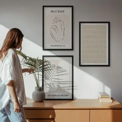 Lot de 3 tableaux pour salon motifs lignes et formes en beige et blanc