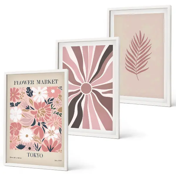 Lot de 3 tableaux pour salon avec motifs floraux et géométriques