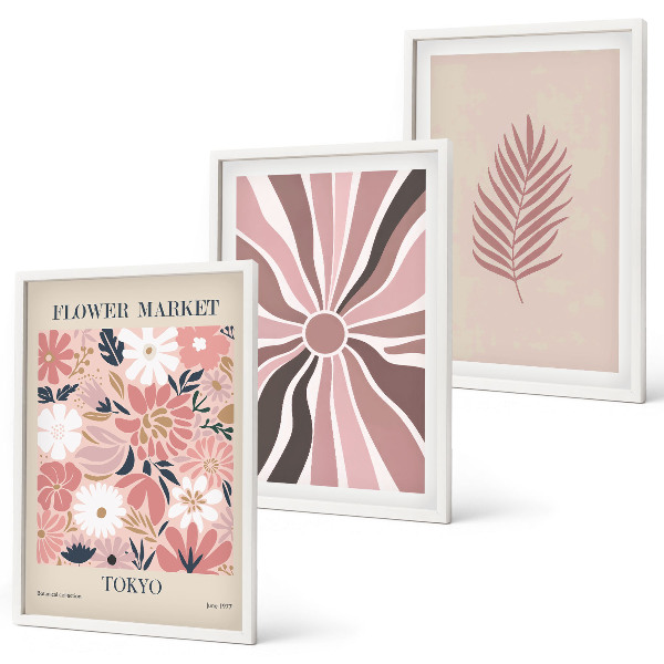 Lot de 3 tableaux pour salon Motifs floraux et géométrie
