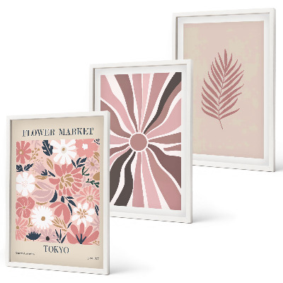 Lot de 3 tableaux pour salon Motifs floraux et géométrie