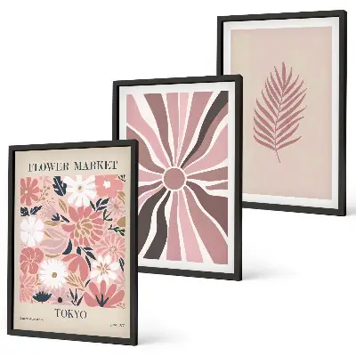 Lot de 3 tableaux pour salon avec motifs floraux et géométriques