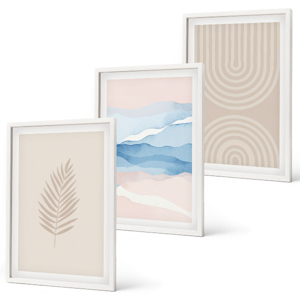Lot de 3 tableaux pour salon Feuilles ondulées beige bleu