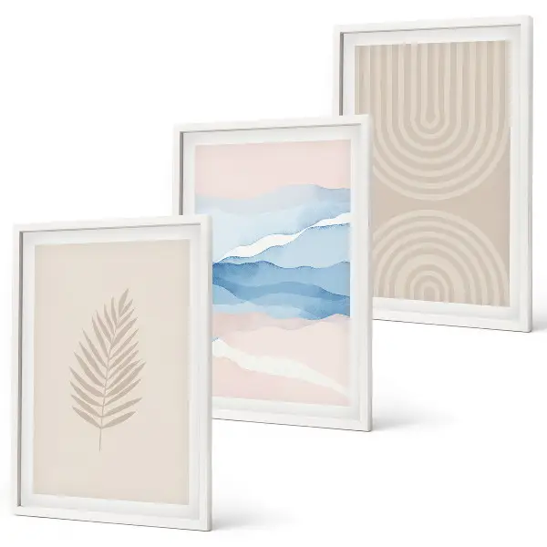 Lot de 3 tableaux pour salon motif feuilles ondulées beige et bleu