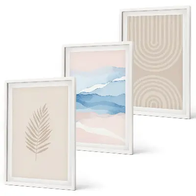 Lot de 3 tableaux pour salon motif feuilles ondulées beige et bleu
