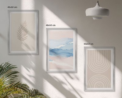 Lot de 3 tableaux pour salon Feuilles ondulées beige bleu