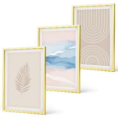 Lot de 3 tableaux pour salon Feuilles ondulées beige bleu