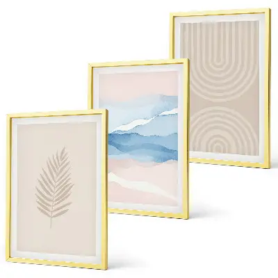Lot de 3 tableaux pour salon motif feuilles ondulées beige et bleu
