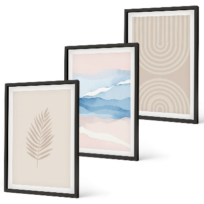 Lot de 3 tableaux pour salon Feuilles ondulées beige bleu