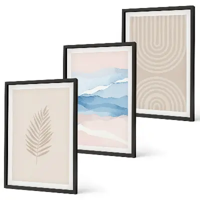 Lot de 3 tableaux pour salon motif feuilles ondulées beige et bleu