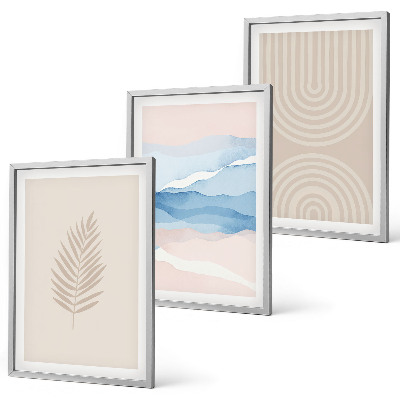 Lot de 3 tableaux pour salon Feuilles ondulées beige bleu