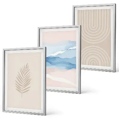 Lot de 3 tableaux pour salon motif feuilles ondulées beige et bleu