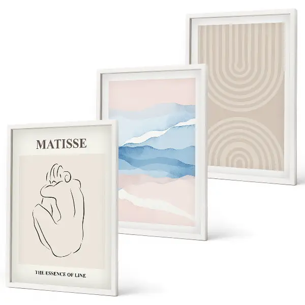 Lot de 3 tableaux pour salon au design minimaliste aux motifs de lignes et vagues pastel