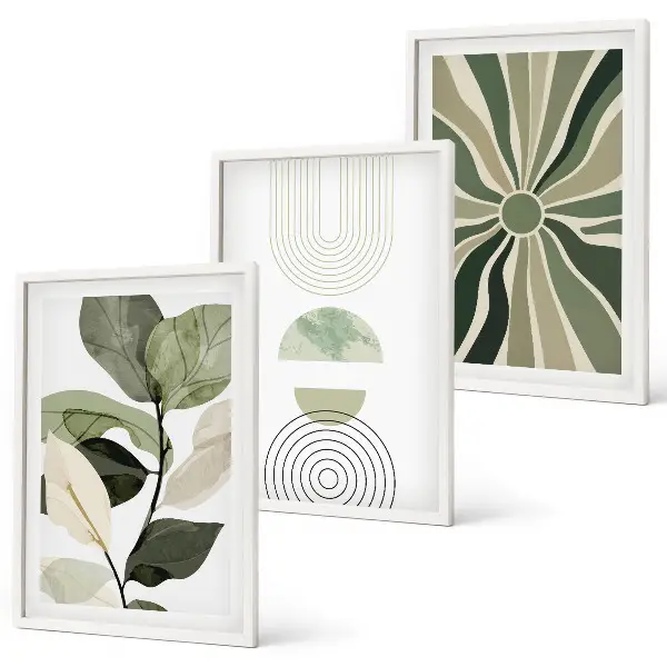 Lot de 3 tableaux pour salon avec motifs végétaux et géométriques sur le thème de la verdure