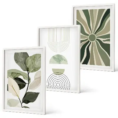 Lot de 3 tableaux pour salon avec motifs végétaux et géométriques sur le thème de la verdure