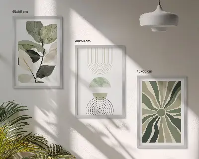 Lot de 3 tableaux pour salon avec motifs végétaux et géométriques sur le thème de la verdure