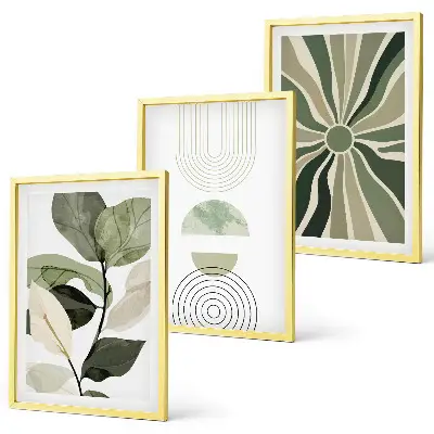 Lot de 3 tableaux pour salon avec motifs végétaux et géométriques sur le thème de la verdure