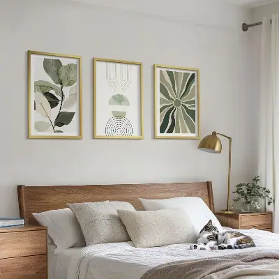Lot de 3 tableaux pour salon avec motifs végétaux et géométriques sur le thème de la verdure