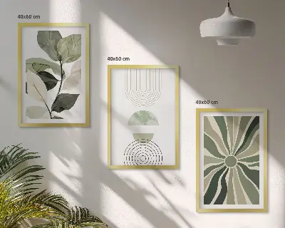 Lot de 3 tableaux pour salon avec motifs végétaux et géométriques sur le thème de la verdure