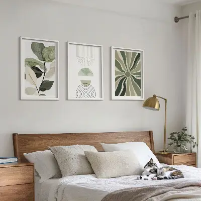 Lot de 3 tableaux pour salon avec motifs végétaux et géométriques sur le thème de la verdure