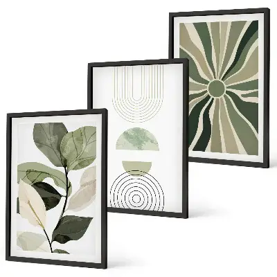 Lot de 3 tableaux pour salon avec motifs végétaux et géométriques sur le thème de la verdure