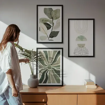 Lot de 3 tableaux pour salon avec motifs végétaux et géométriques sur le thème de la verdure