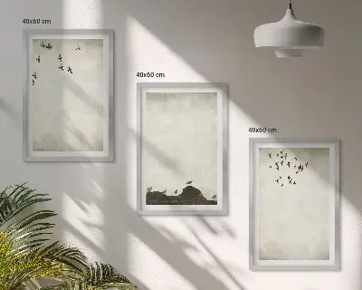 Ensemble de 3 tableaux pour salon motif de minimalisme avec des oiseaux en vol